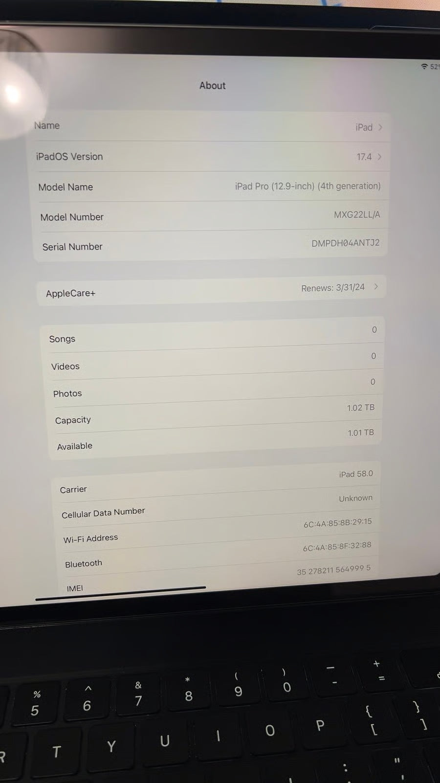 Apple iPad Pro 12.9 4th Generation 1 TB in Space Gray 2V32