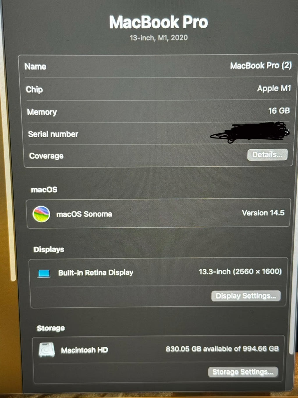 MacBook Pro M1 13 inch 16GB RAM/1TB SSD 8E71