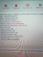 iPhone 14 Pro 256gb Deep Purple Unlocked 3Y15