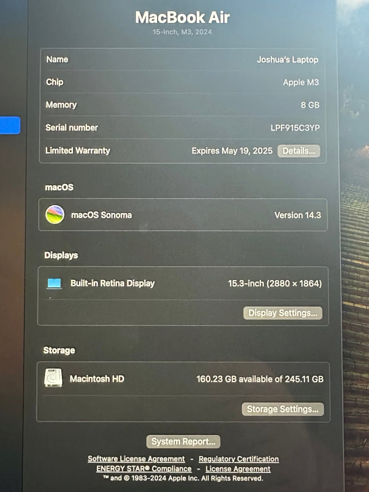 Apple Macbook Air 15in. M3 256GB SSD 2024 Model 8R83