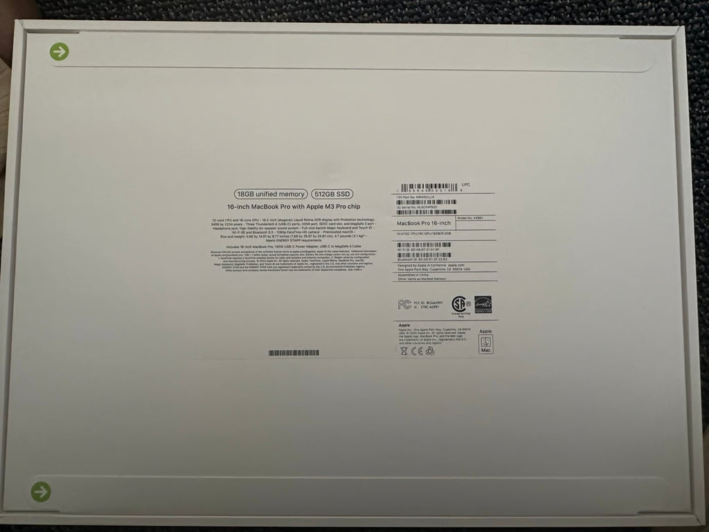 Apple 16 in. MacBook Pro M3 Pro Chip 12 Core CPU 18 Core GPU 18GB RAM 512GB SSD 9X68