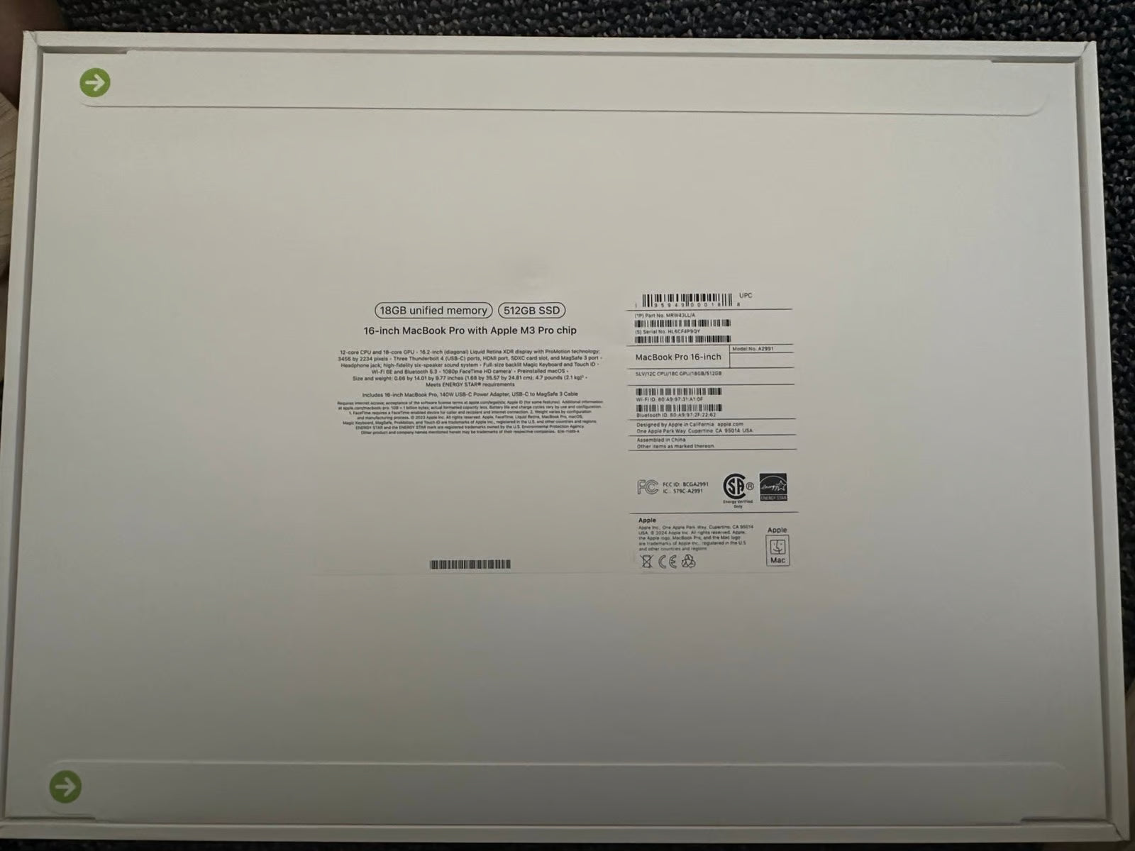 Apple 16 in. MacBook Pro M3 Pro Chip 12 Core CPU 18 Core GPU 18GB RAM 512GB SSD 9X68