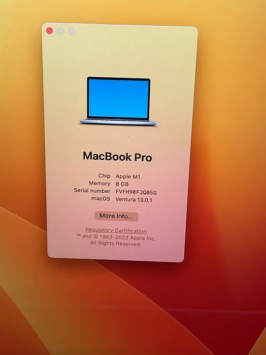 MacBook Pro M1 8gb ram 256gb SSD 5F19