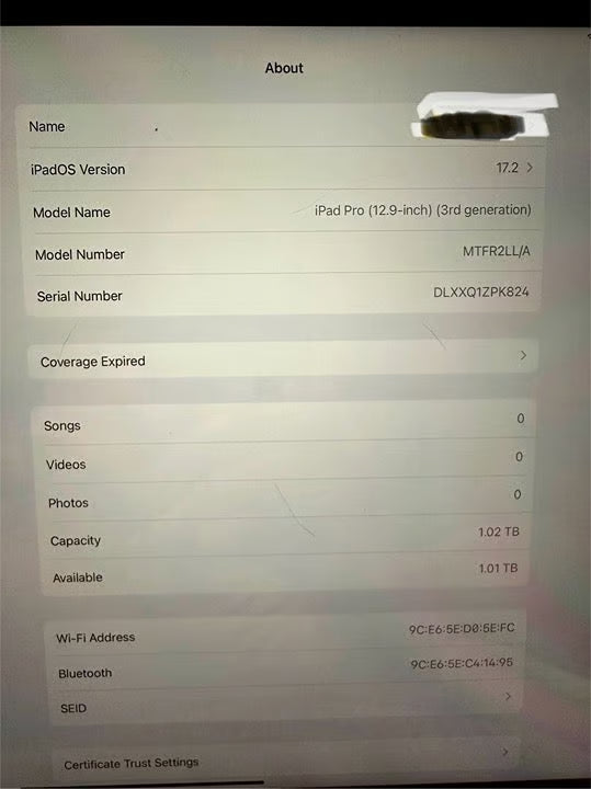 1TB Apple iPad Pro 12.9 inch (3rd Gen) 3X58