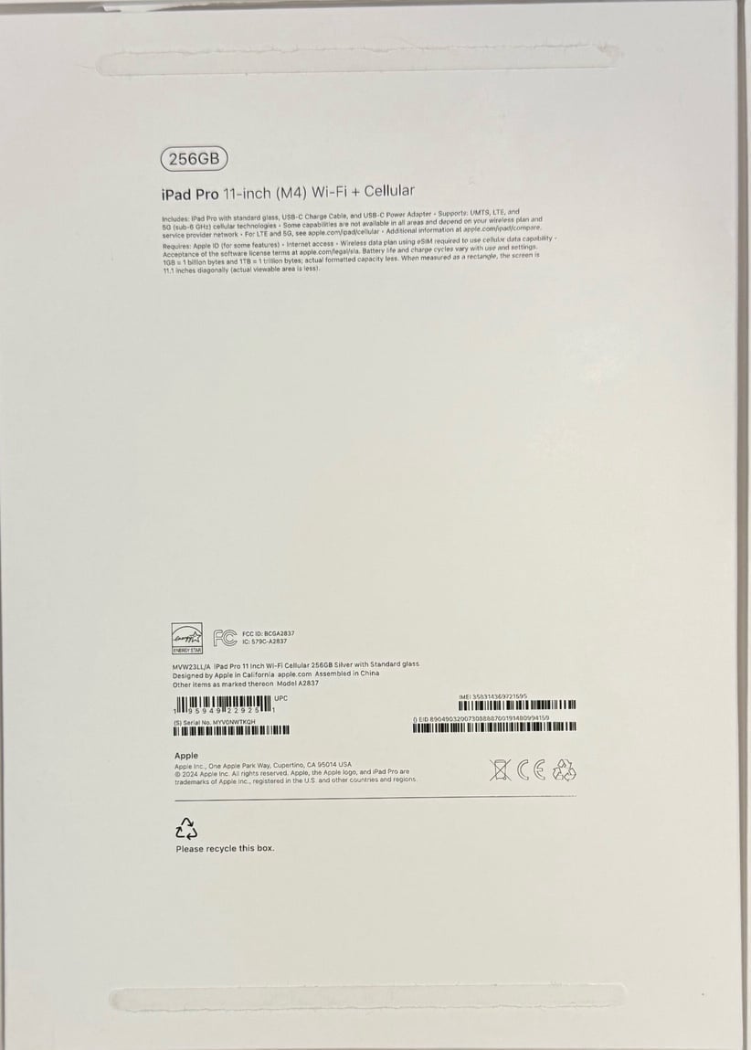 iPad Pro 11 -inch (M4) Wi-Fi + Cellular 256 GB with Standard glass. AT&T Locked 9D57