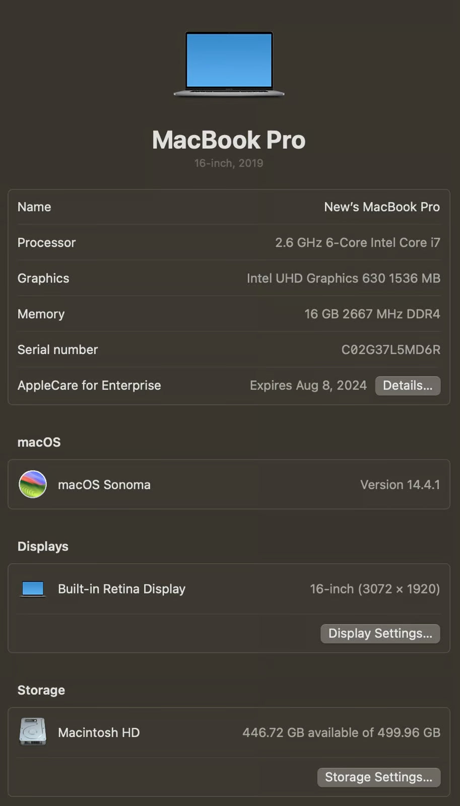 2019 16鈥?MacBook Pro 2.6GHz 6-Core i7 Upgraded Model w/Apple Care 7B35