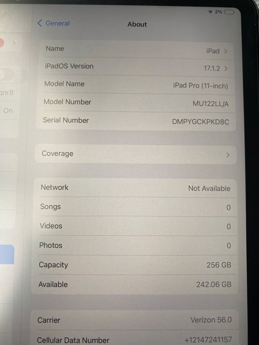 Apple iPad Pro 11"" 1st Gen A2013 256GB WiFi + Cell Tablet Space Gray-Excellent 5L11