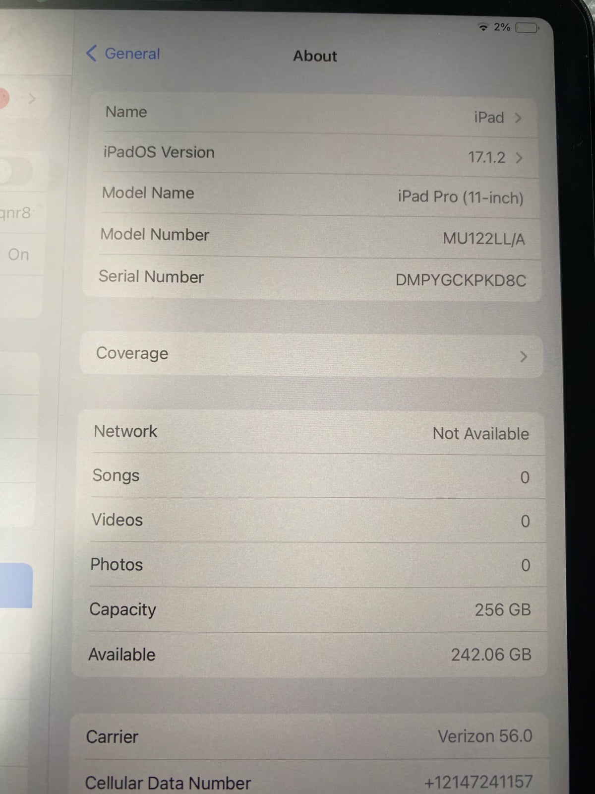 Apple iPad Pro 11"" 1st Gen A2013 256GB WiFi + Cell Tablet Space Gray-Excellent 5L11