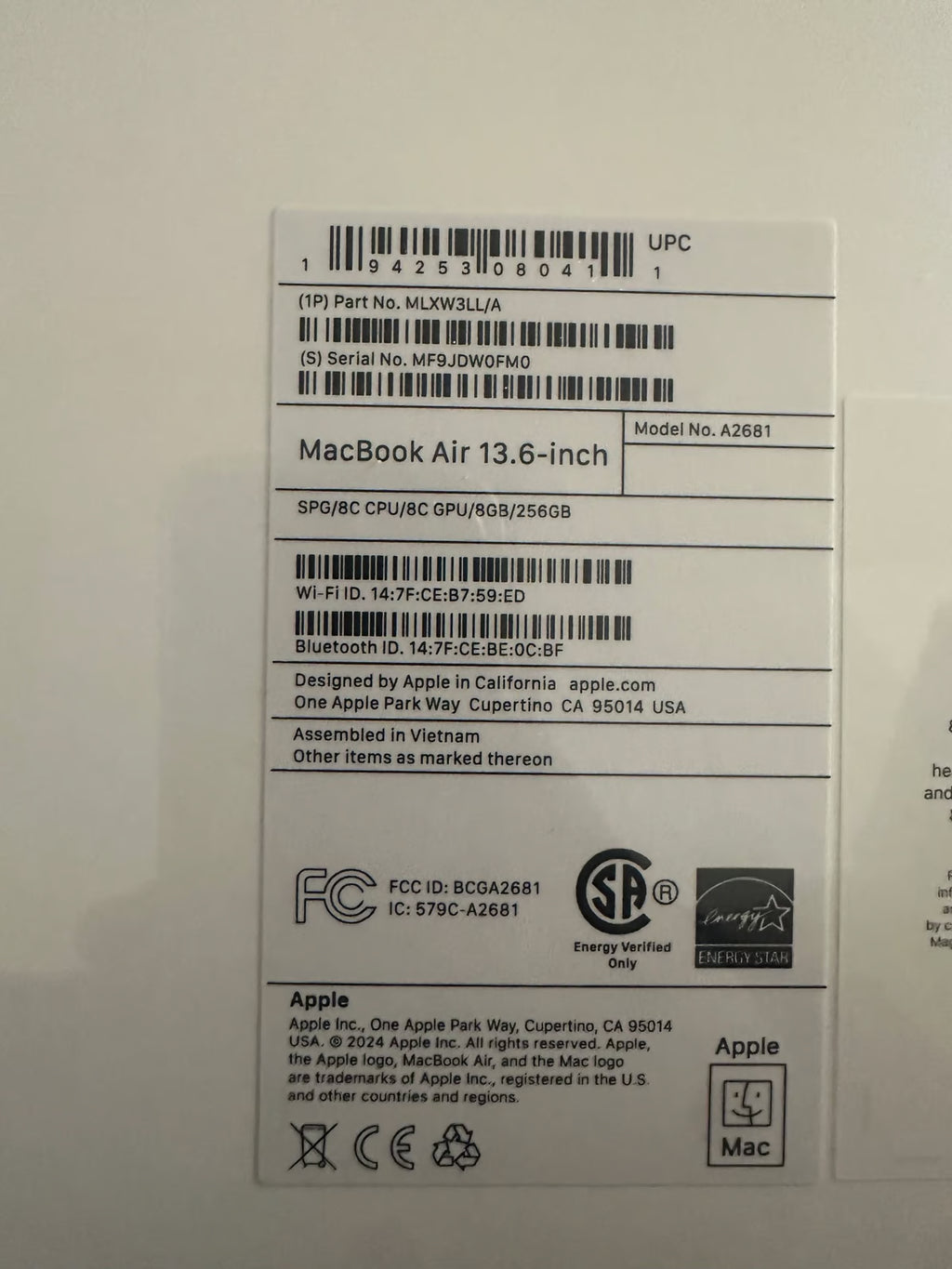 Apple MacBook Air m2 15 7E87