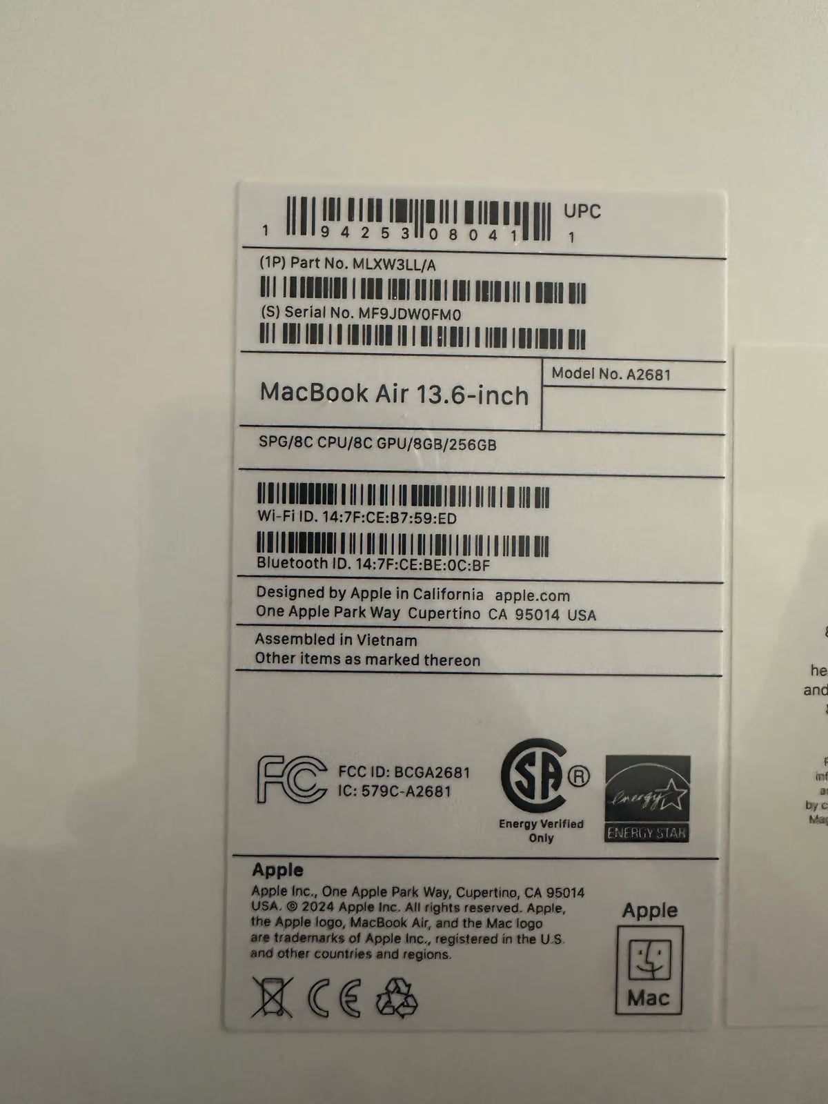 Apple MacBook Air m2 15 7E87