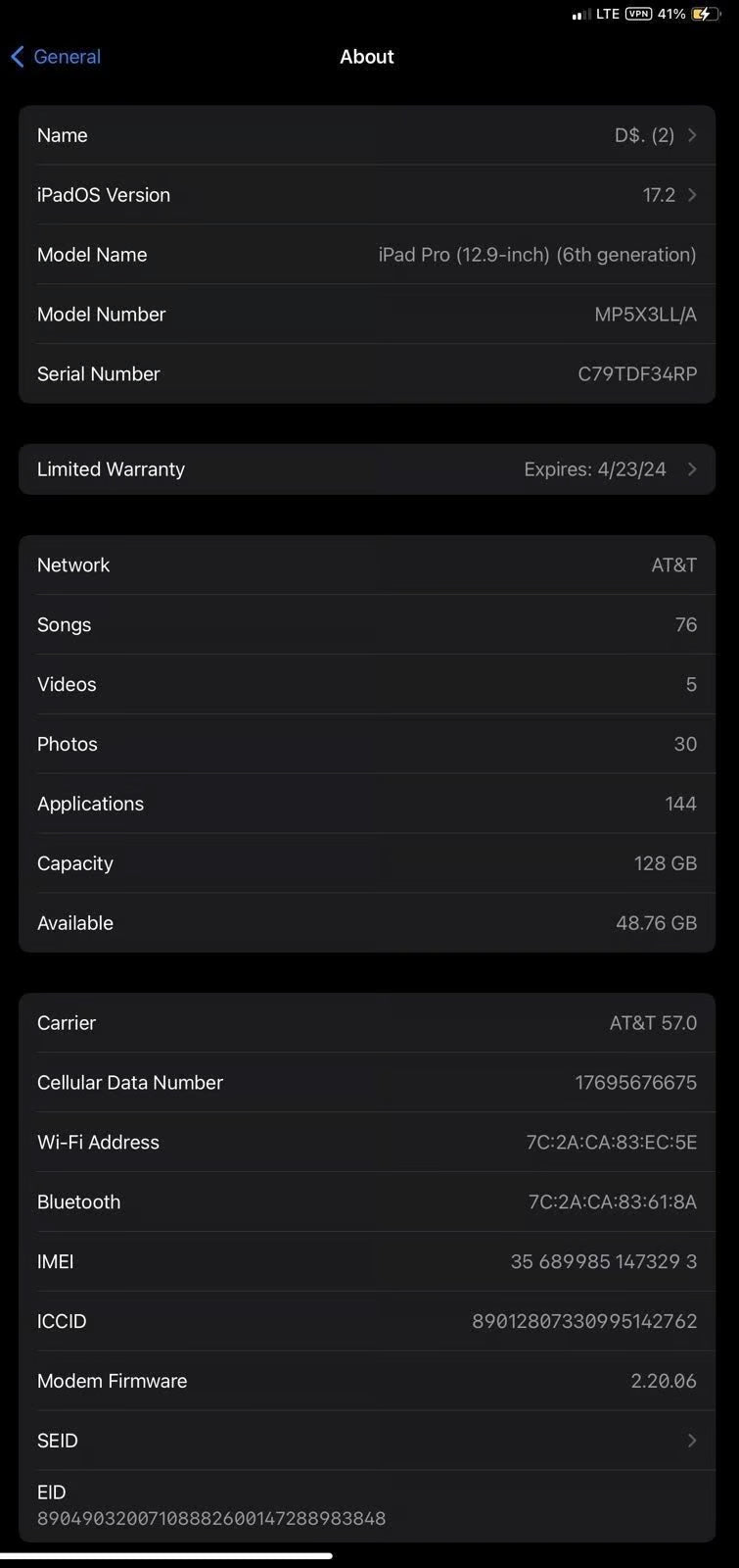 Apple iPad Pro 12.9 inch 6th Generation 128 GB in Space Gray 9P53