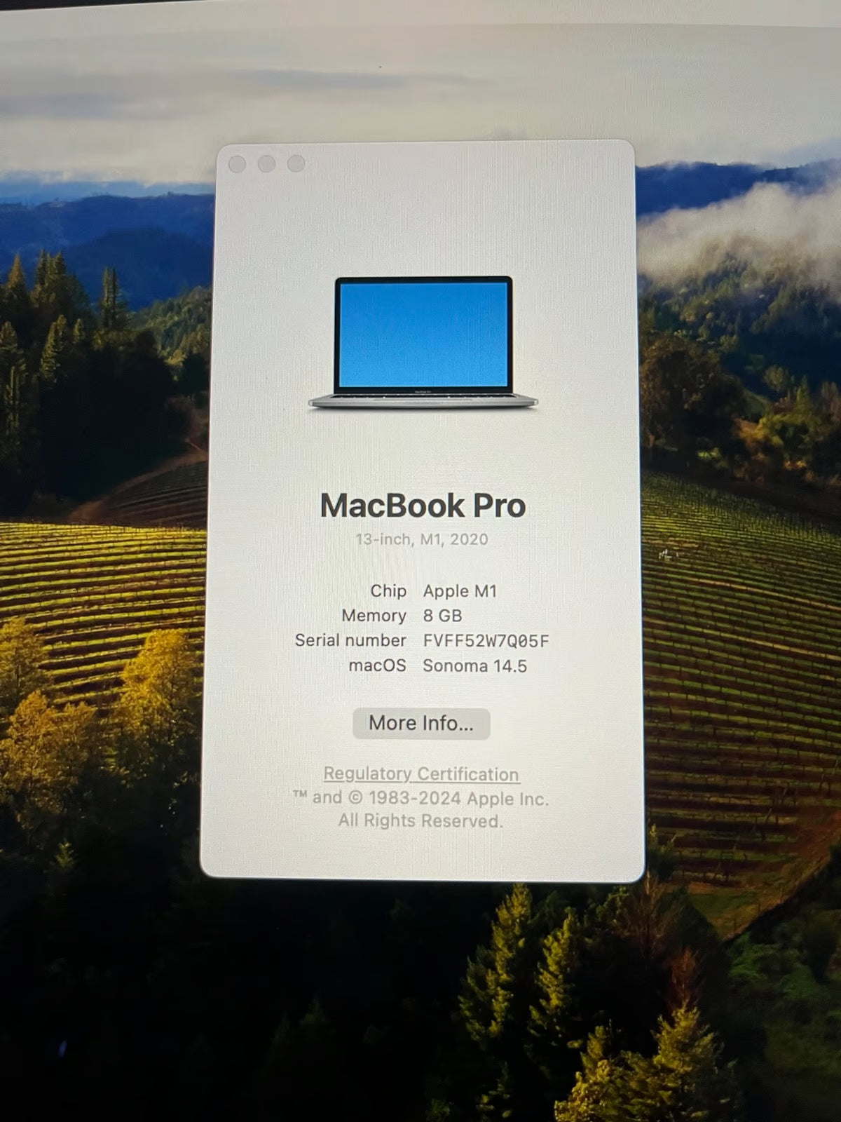 MacBook Pro 2020 13鈥?M1 w 8 G Memory* Charger included 6P37