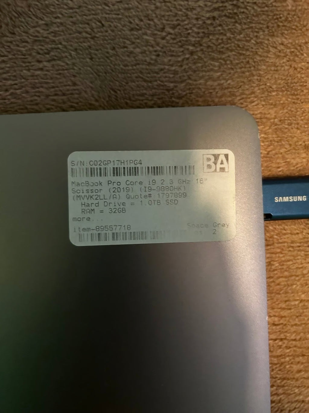 16 Inch 2019 MacBook Pro (i9-9980hk; 32GB RAM 1TB SSD; RADEON Pro 5500M 8GB VRAM 7W75