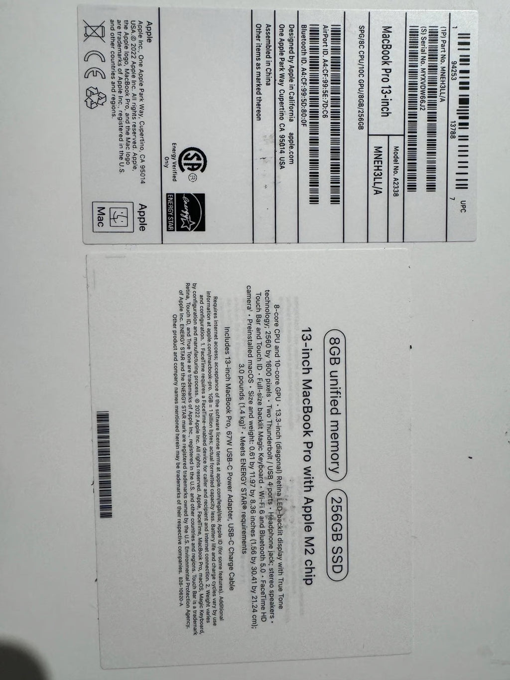 Apple Macbook Pro 13in.  M2 3.49 GHz  256GB SSD 6S96