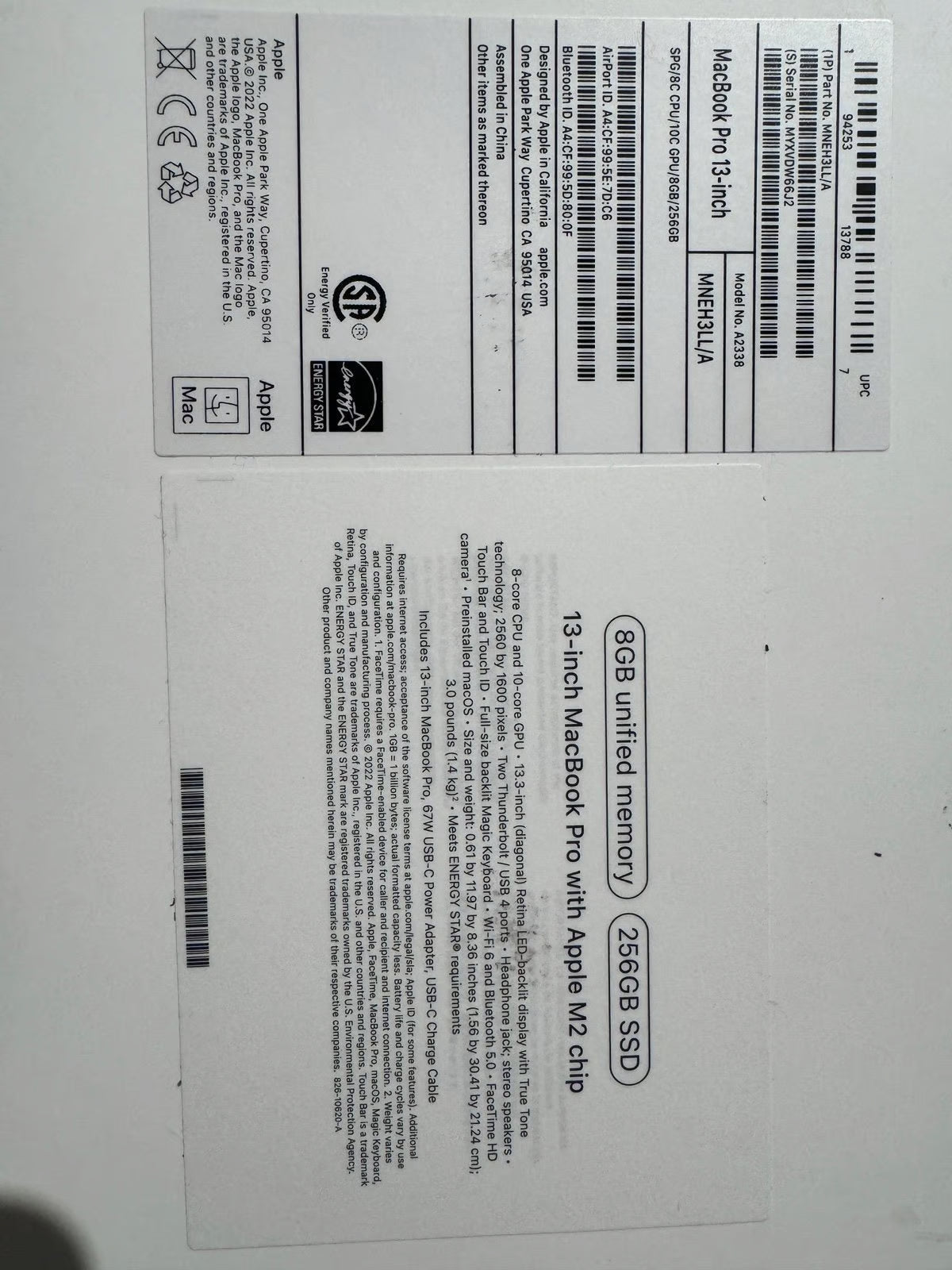 Apple Macbook Pro 13in.  M2 3.49 GHz  256GB SSD 6S96