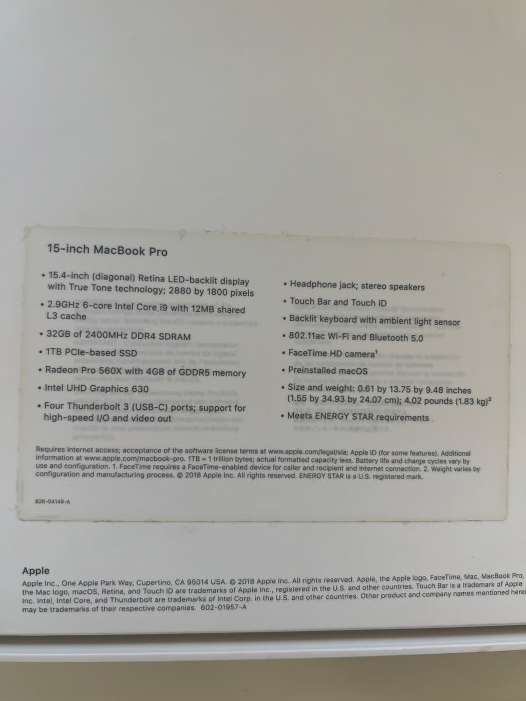 MacBook Pro 15inch corei9 Gray 8L26