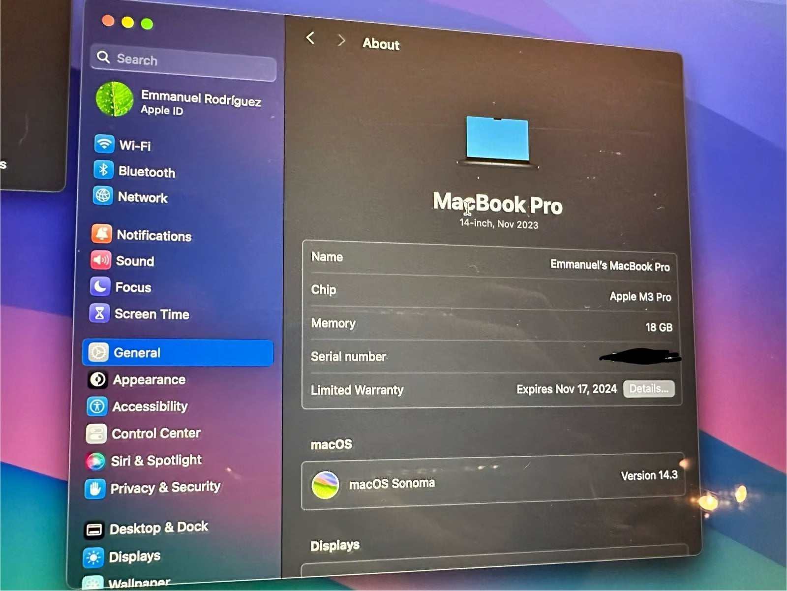 MacBook Pro 14 inch - M3 Pro Chip - 1TB - 18GB RAM 8P25