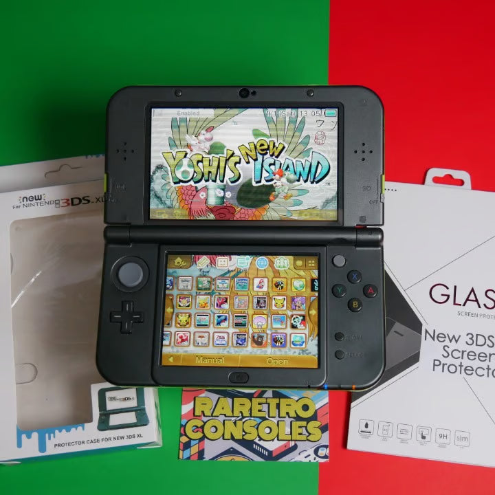 DUAL IPS New Nintendo 3DS XL in Lime Green W/ 32GB, charger, stylus & 60+ games