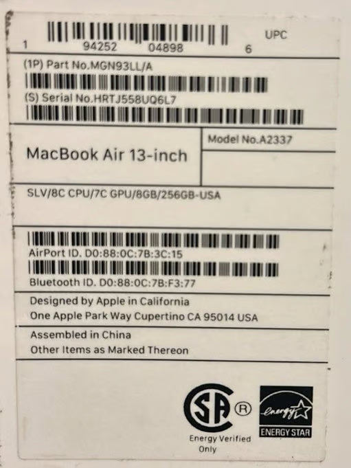 macbook air m1 2022 2H66