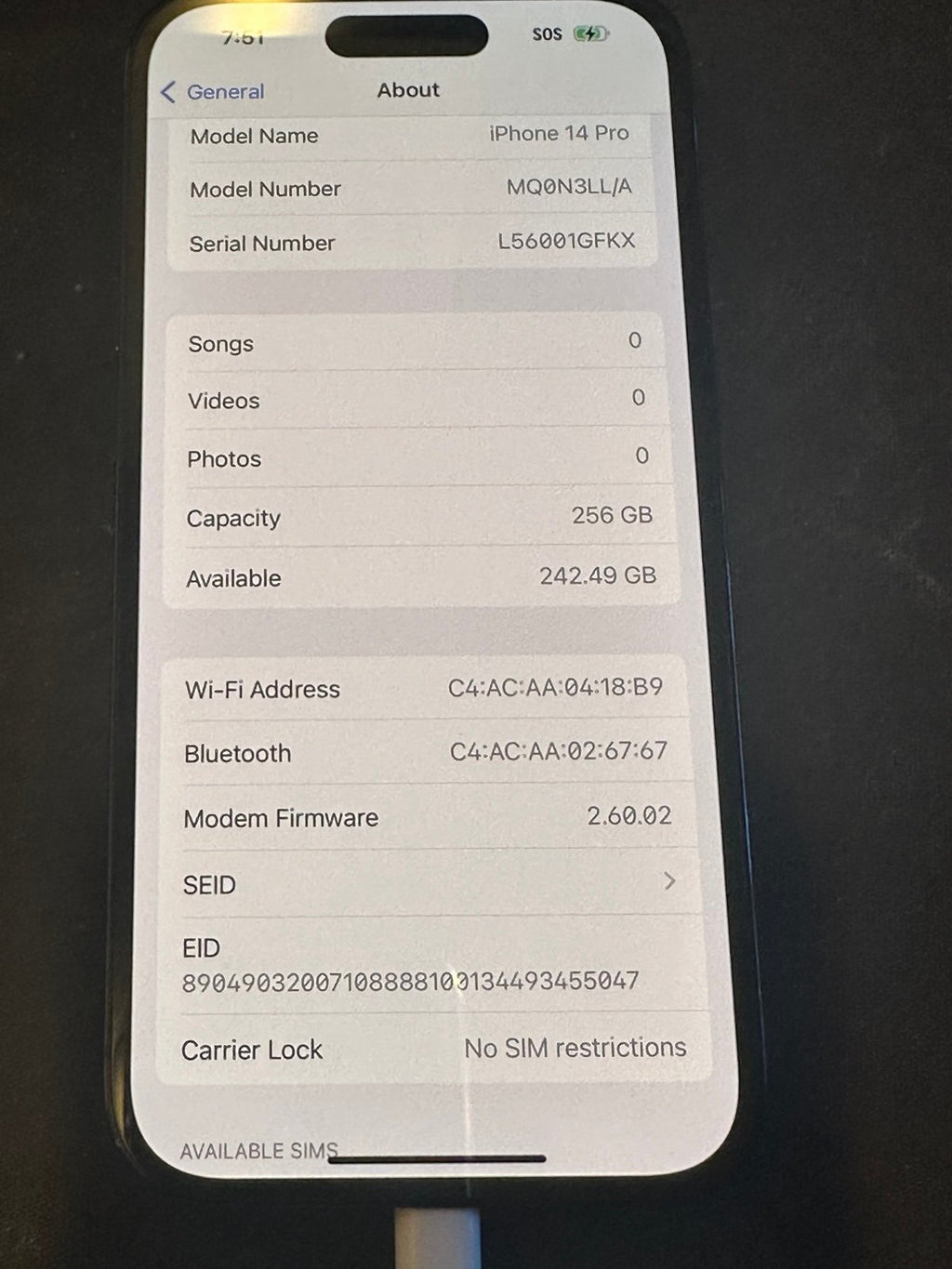 IPhone 14 Pro unlocked 256gb Black 7E67