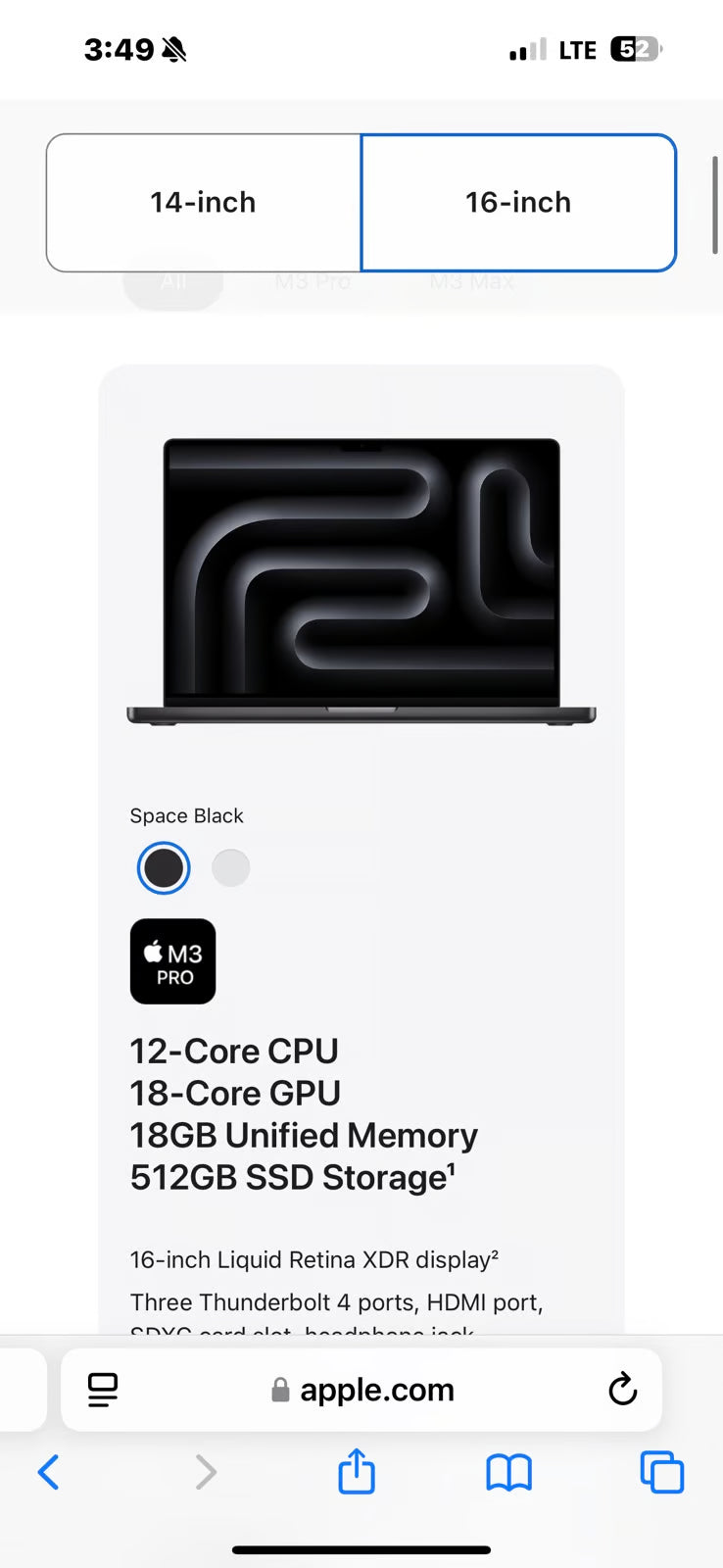 Apple MacBook Pro 16'' Apple M3 Pro 512GB SSD 18GB RAM Laptop - Black MRW13LL/A 2D22