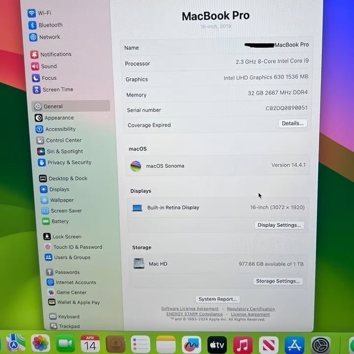 Apple MacBook Pro 16-inch Core i9 2.3GHz 1TB SSD 32GB RAM Sonoma A2141 TouchBar 2Q61