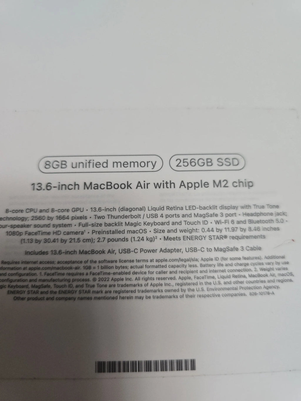 Apple Macbook Air A2681 13in. 256GB SSD 2G91