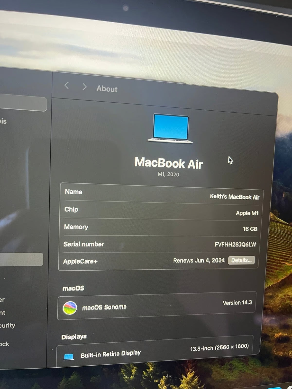 Macbook Air M1 16gb ram 256gb storage 5V85