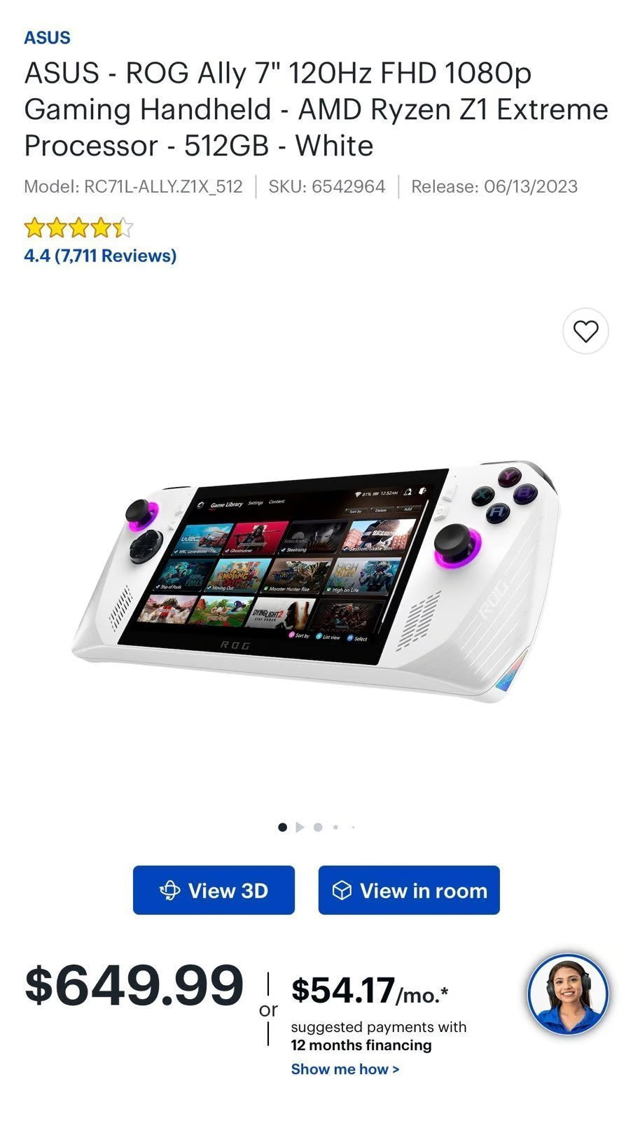 ASUS - ROG Ally 7"" 120Hz FHD 1080p Gaming Handheld - AMD Ryzen Z1 Extreme Proces 8T67