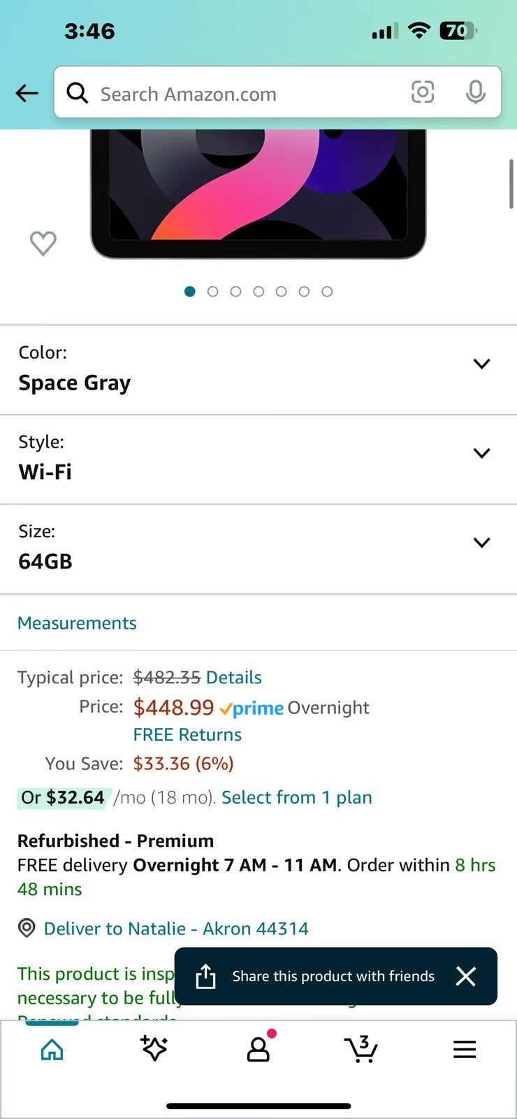 iPad Air 4TH Generation 64 GB WiFi 2Y26