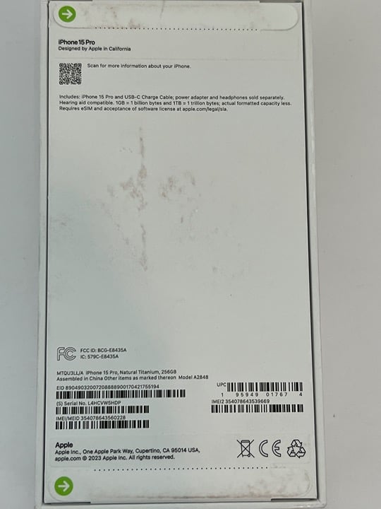 Apple iPhone 15 Pro - 256 GB Natural Titanium (Unlocked). FACTORY SEALED 3J75