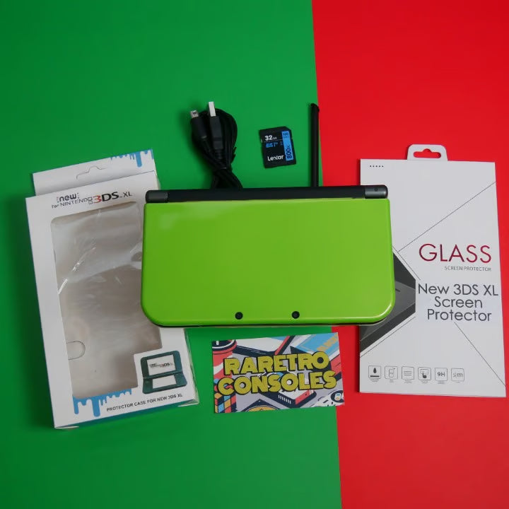 DUAL IPS New Nintendo 3DS XL in Lime Green W/ 32GB, charger, stylus & 60+ games