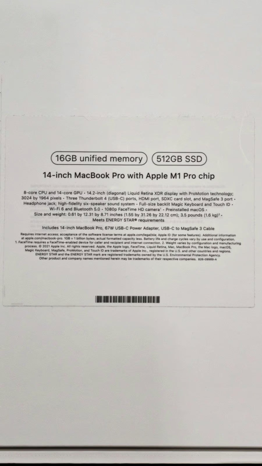 Apple Macbook Pro 14inch M1 Chip 512GB SSD 16G 2021 1D17