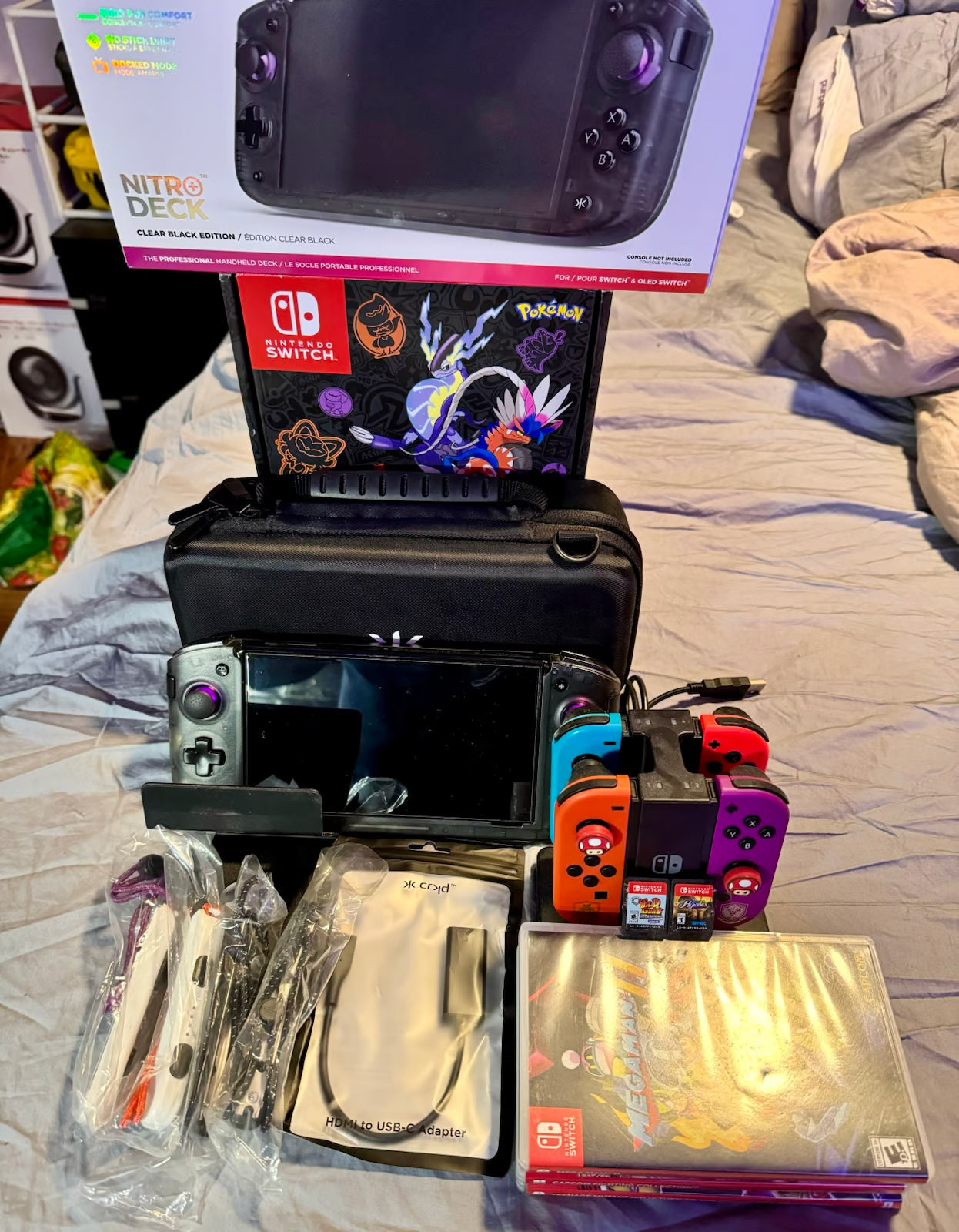 Nintendo Switch OLED Pokemon Scarlet and Violet Edition with many accessor ObO 3W96