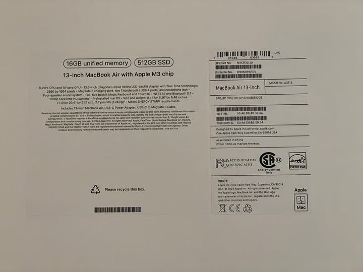 APPLE MacBook Air 13-inch 2024 M3 / 16GB RAM/ 512GB SSD/ 10-Core GPU/ Space Gray 8H56