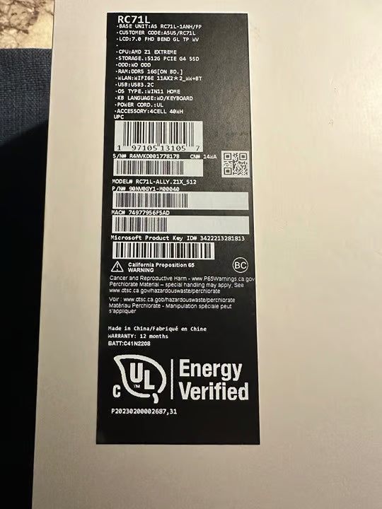 ASUS ROG Ally Ryzen Z1 Extreme 16GB RAM 512GB Gaming Handheld RC71L 7F65