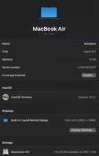 Apple Macbook Air 13in.  M2 3.49 GHz  256GB SSD 2K98