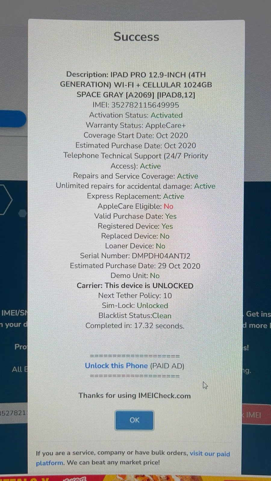 Apple iPad Pro 12.9 4th Generation 1 TB in Space Gray 2V32