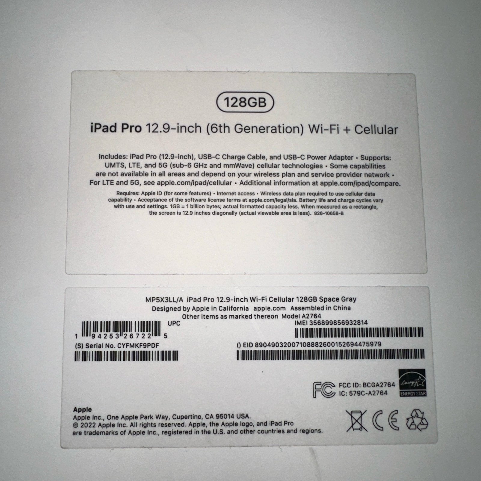 Apple iPad Pro 12.9in 128gb WiFi + Cellular 5L27