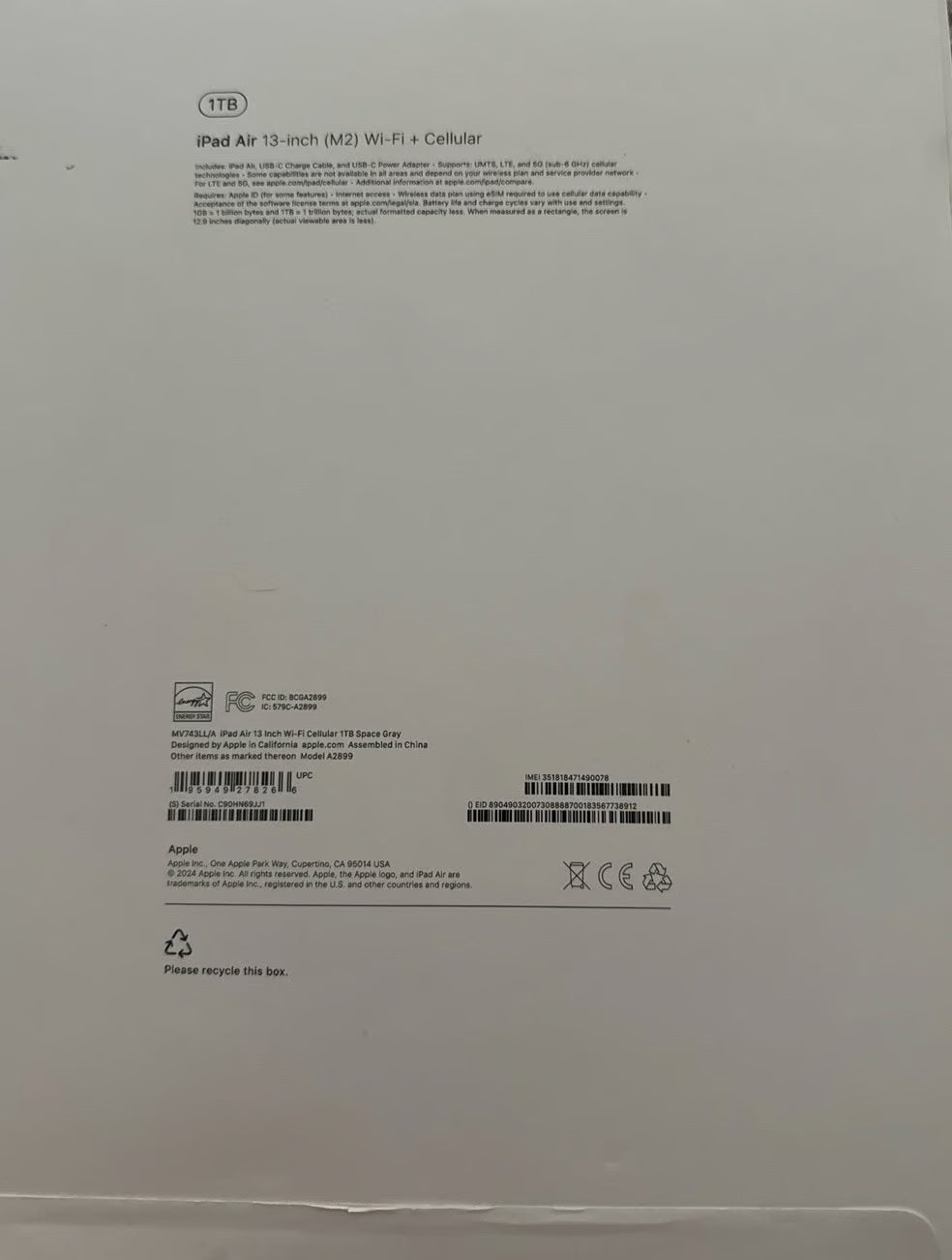 iPad Air M2 Space Gray 1TB 1J38