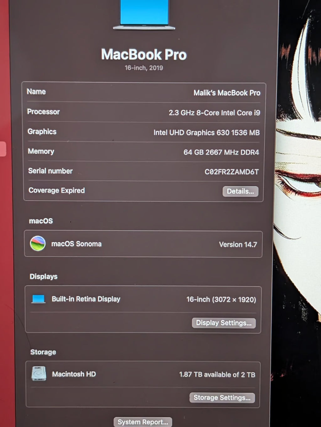 MacBook pro 16 inch 2019 7Q88