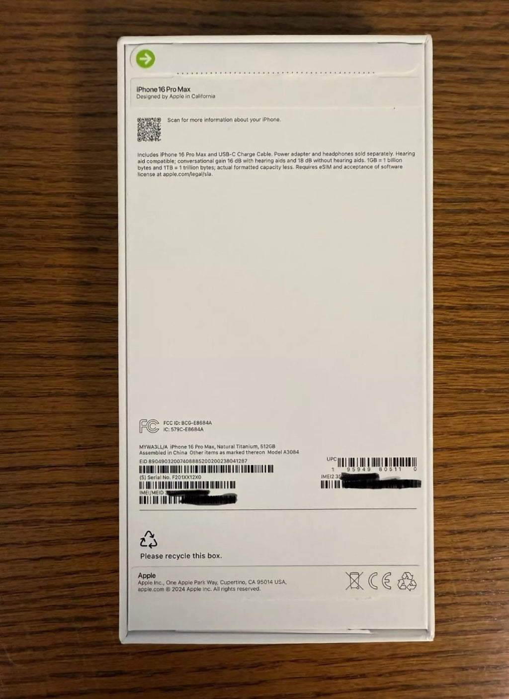 Apple iPhone 16 Pro Max 512GB natural Titanium unlocked 1H19