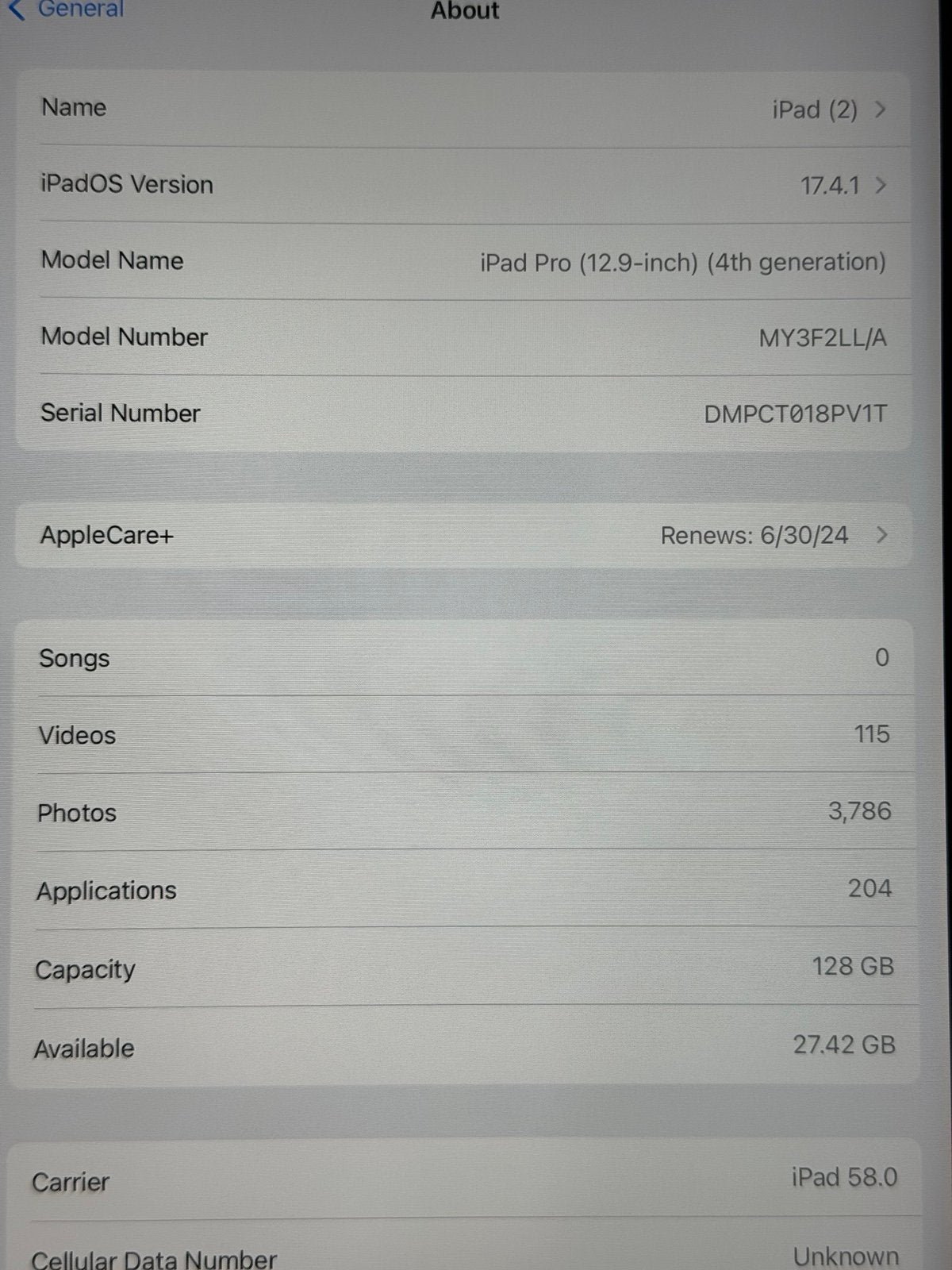 Apple 4th gen iPad Pro 12.9 cellular 1O27