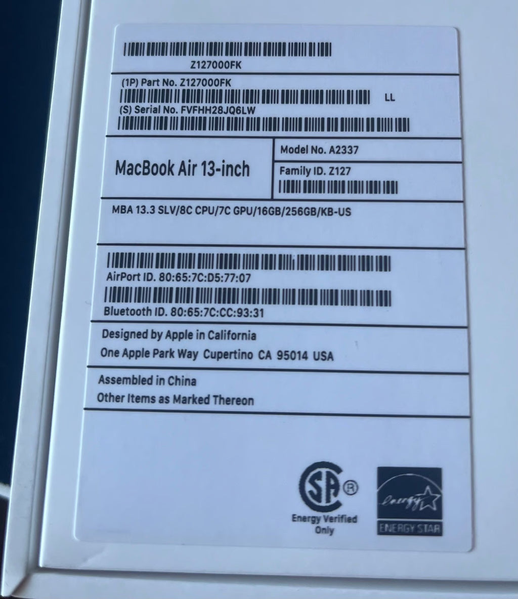 Macbook Air M1 16gb ram 256gb storage 5V85