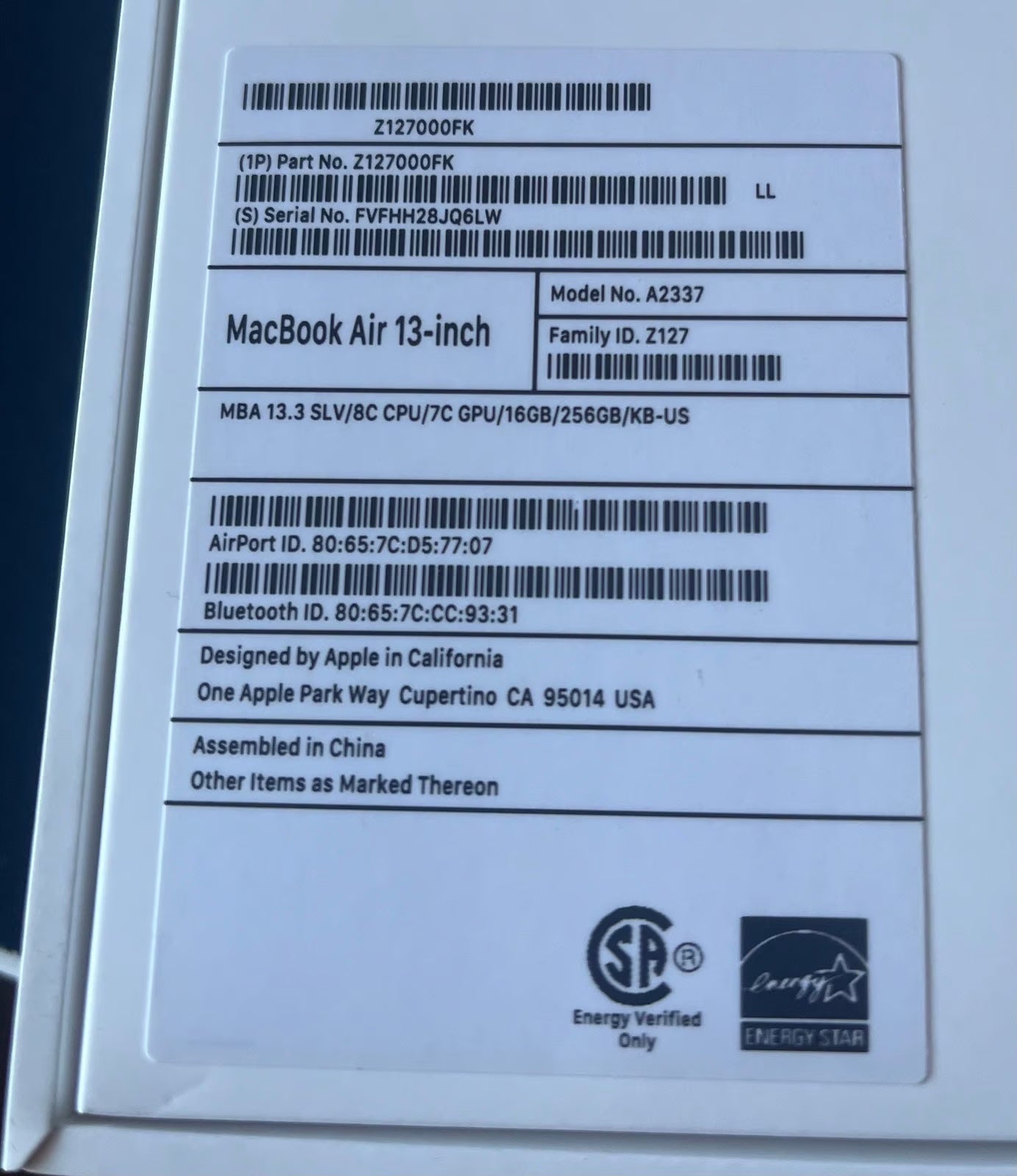 Macbook Air M1 16gb ram 256gb storage 5V85