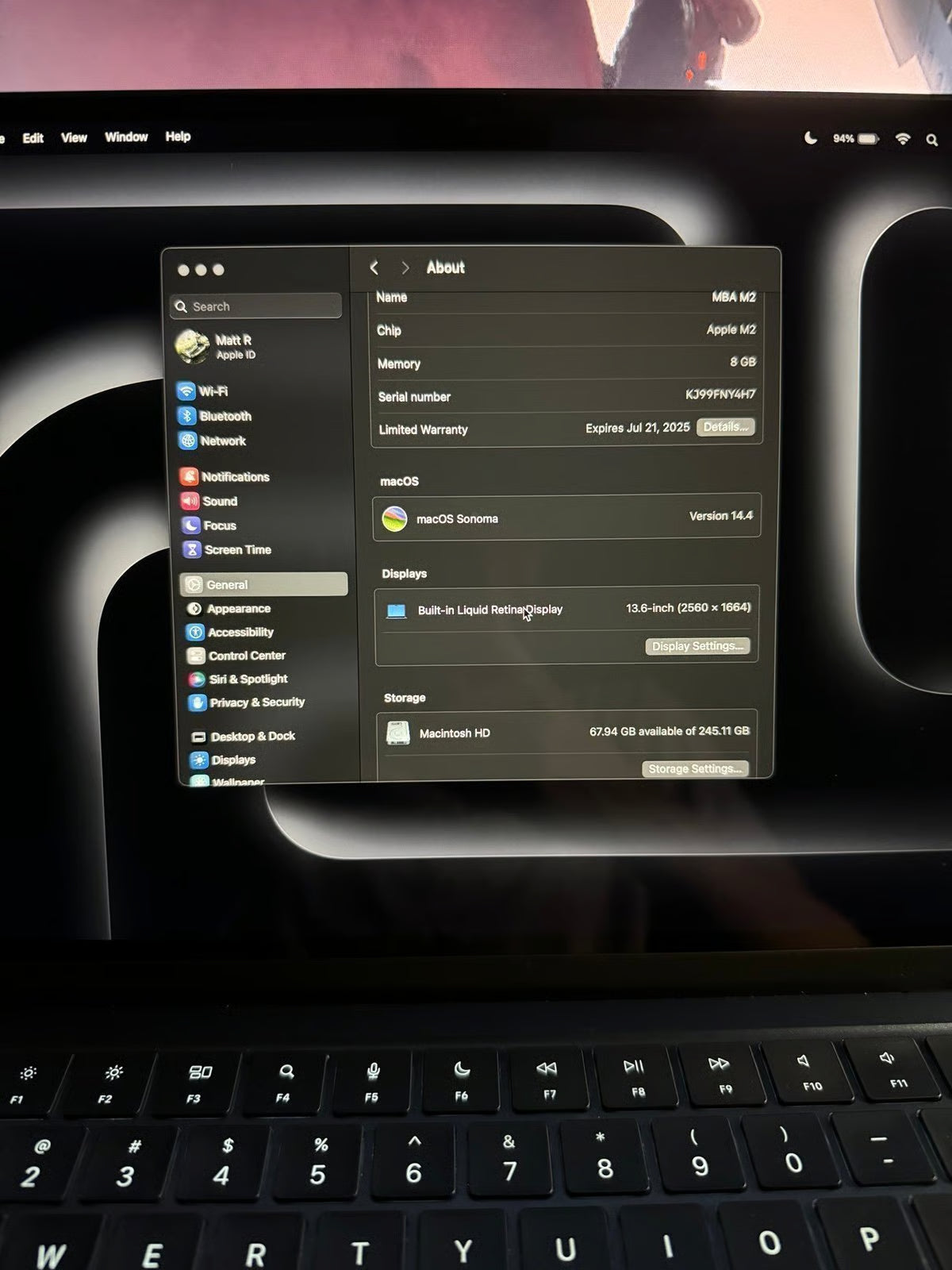 Macbook air M2 Midnight 8gb Memory 1B12