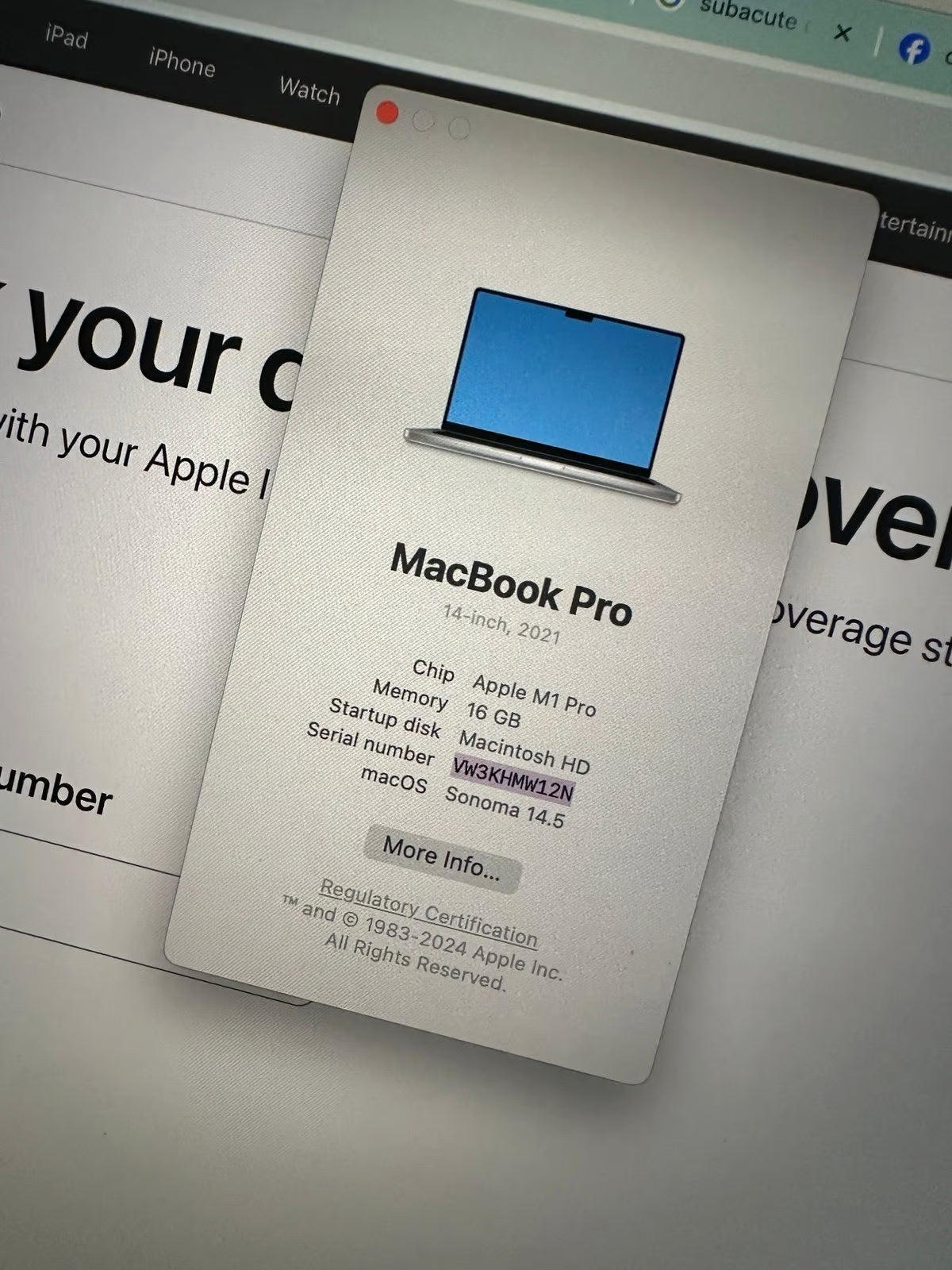 MacBook Pro 14 inch M1 Pro 512 GB SSD 16 GB RAM 1P81