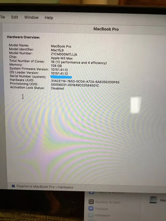 2023 MacBook Pro 16"" M3 Max 4.0GHz 128GB RAM 1TB SSD Space Gray A2991 9L22