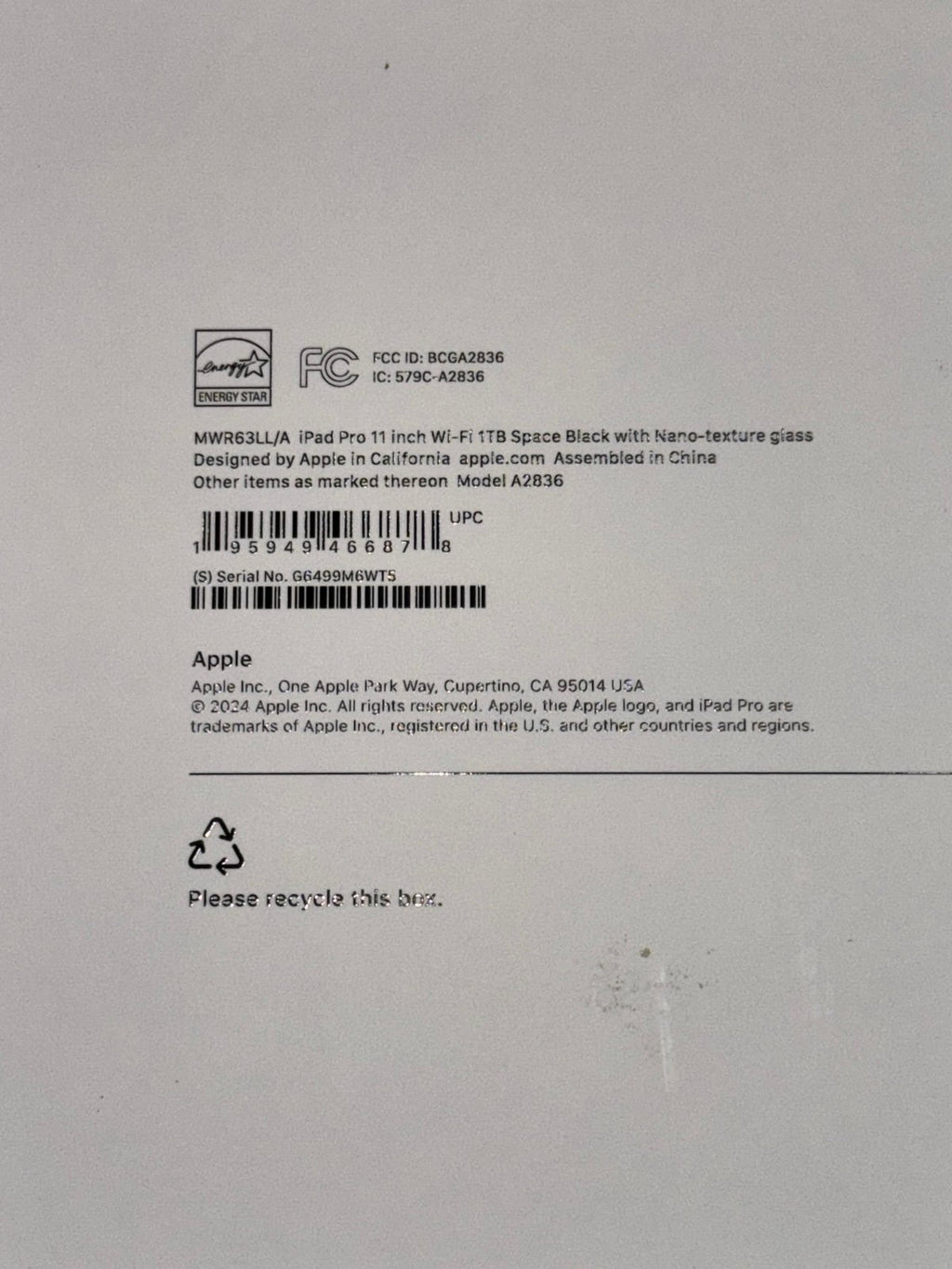 IPad Pro 11 Inch (M4) 1 TB 2V91