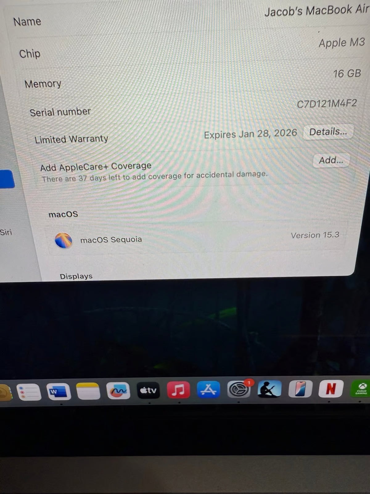 2024 Apple MacBook Air 13-inch M3 Chip 16GB RAM 256GB SSD Starlight 3S75